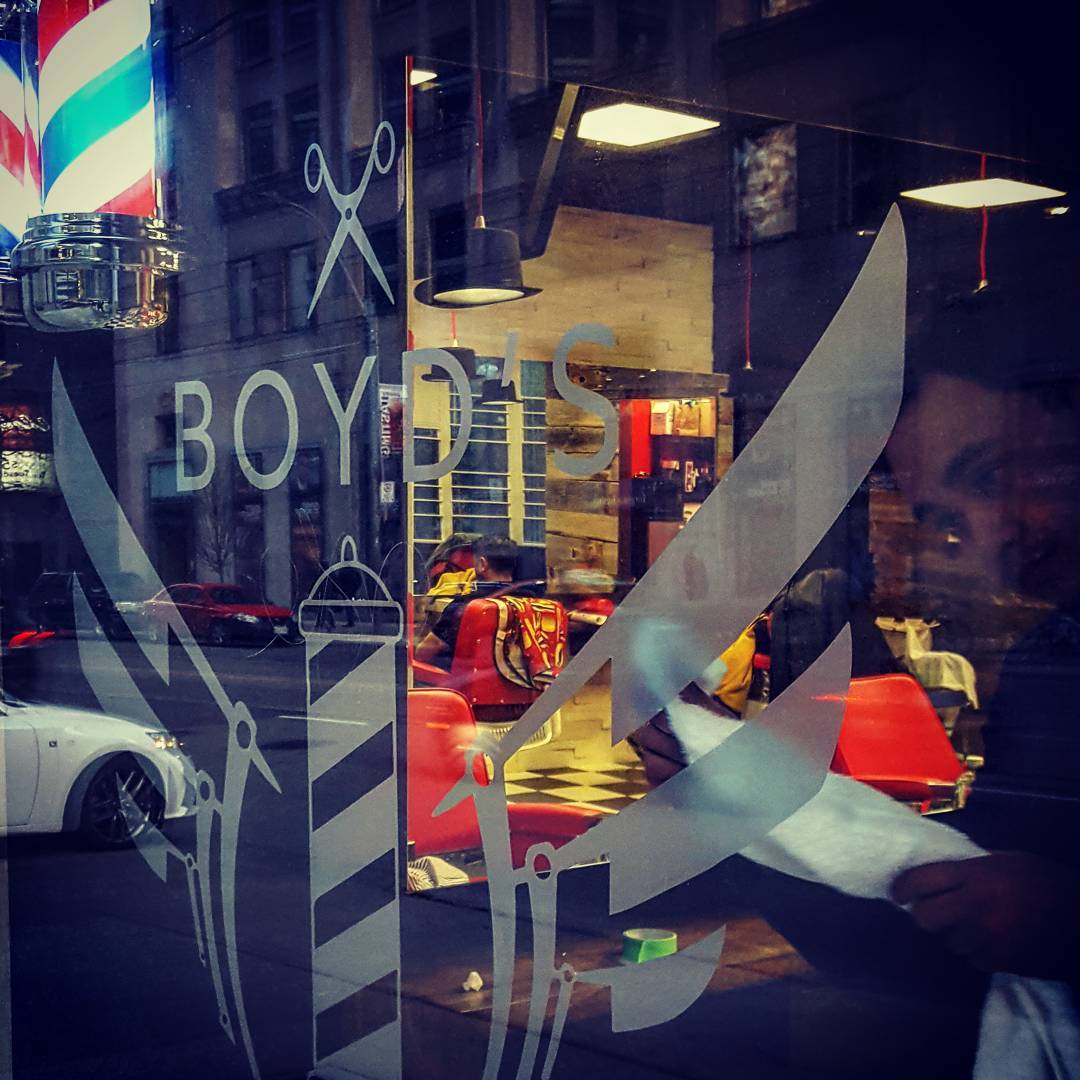 The pole is up and spinning! The window logo'd! People are getting haircuts! We're seriously open! #barber #toronto #barbernation #yongestreet #haircut #5carlton